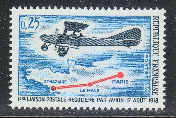 France 1968 MNH Mi 1632 Sc 1218 Bombing free shipping 1st rout Gorgeous Bimotore air plane mail