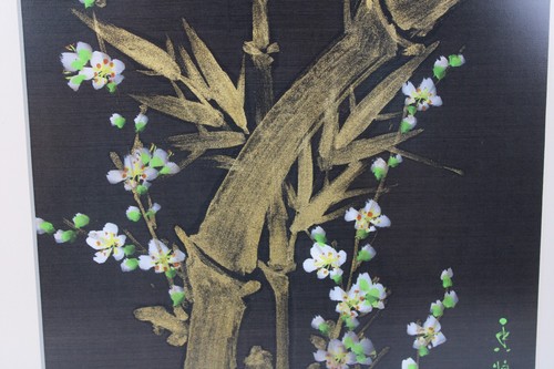 Antique Asian Bamboo Floral Painting On Black Silk With Green Mark - Picture 13 of 21