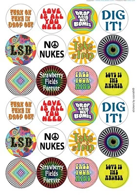 OZORATH PSYCHEDELIC SIXTIES HIPPIE STICKERS (45mm diameter) FANCY DRESS PARTY ACCESSORY