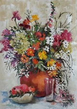 YARY DLUHOS Flower Fruit Still Life Pomegranate Plants Original Art Oil Painting