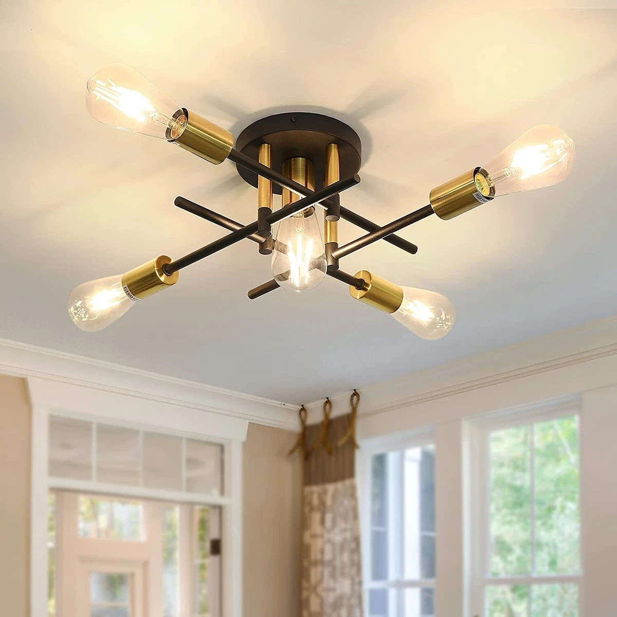 5 Light Semi Flush Mount Ceiling Light Fixture Matte with E27 Base Modern Black