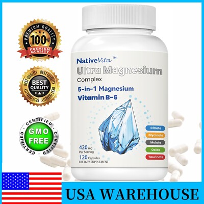 5-in-1 Magnesium + Vitamin B6 Supplement, 420mg - Supports Healthy Bone & Heart 