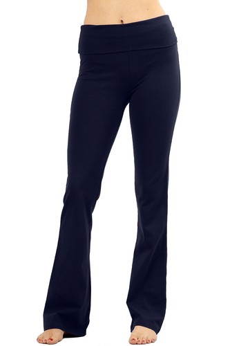 Womens Solid Cotton Foldover Boot Cut Flare Yoga Pants - 第 42/62 張圖片