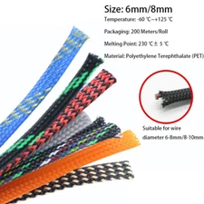 PET Braided Electrics Cable Wire Sleeving Expandable Wire Sheath Color 6mm/8mm