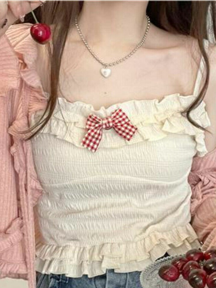 Kawaii Lolita Tank Top Female Bow Pink Sweet Halter Top Women Blue