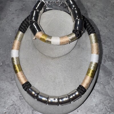 NWT Vintage J Crew Signed Snake Black Gold Silver Necklace Bracelet  Set