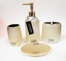 NEW J.QUEEN 4 PC SET METALLIC PALE GOLD CHAMPAGNE CERAMIC SOAP DISPENSER+DISH+2