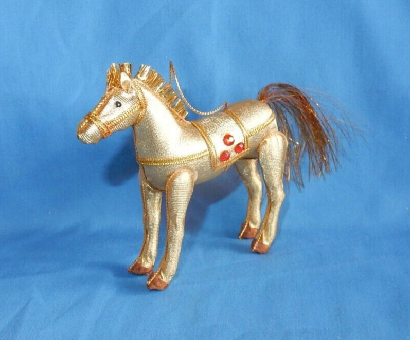 Vintage Jeweled Gold Horse w Tinsel Tail Christmas Ornament
