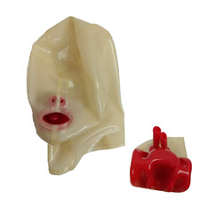 Natural Latex Hood Mask With Red Mouth Insert Hidden Eye Vents