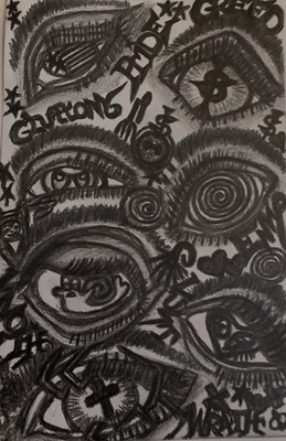 Seven Deadly Eye Sins. Charcoal Drawing Depicting Man's 7 Sins In 7 Eyeballs