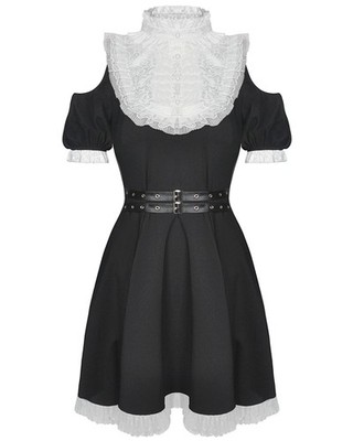 Dark In Love Gothic Lolita Puppe Minikleid schwarz weiß Spitze Rüschen offene Schulter