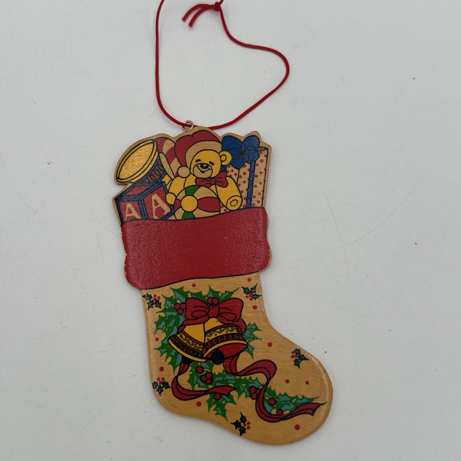 vintage wooden Christmas stocking ornament With Teddy Bear Gifts