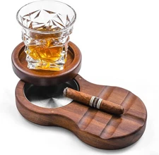 Wooden Cigar Coaster/Glass Tray and Holder with Revolving Cigars