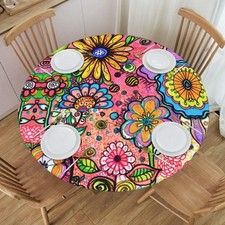 Hippie Art Flower Doodles Tablecloth with Elastic Edge, Round Table Cloth Was...