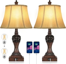Set of 2 Touch Control 3-Way Dimmable Table Lamps with 2 USB Charging Ports Trad