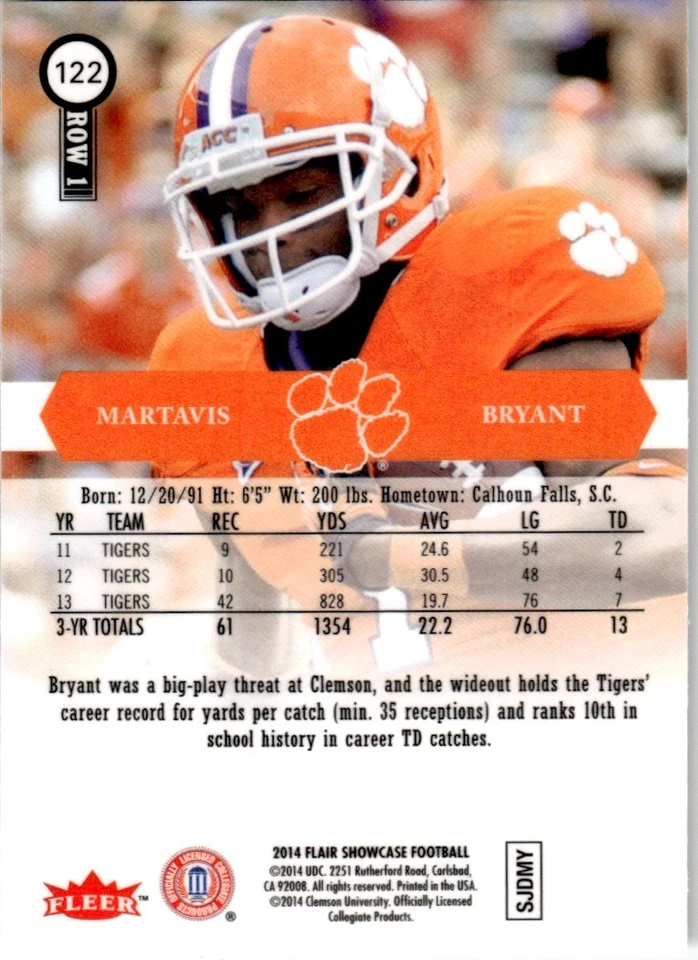 2014 FLAIR SHOWCASE MARTAVIS BRYANT #122 CLEMSON TIGERS 2381 - Image 2 of 2