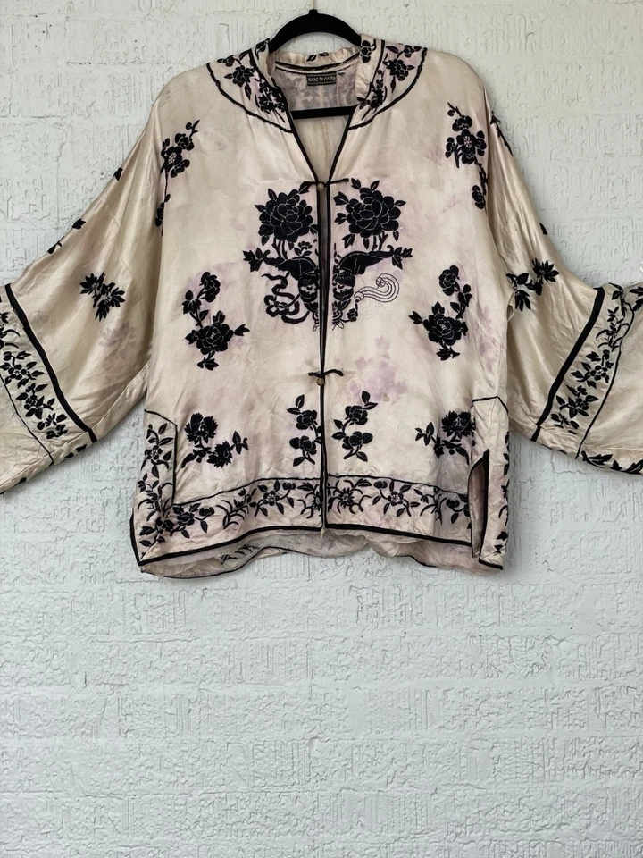 🌸 Антикварная китайская шелковая куртка 1920-х годов с ручной вышивкой черный пион, ар-деко Er - Изображение 4 из 4