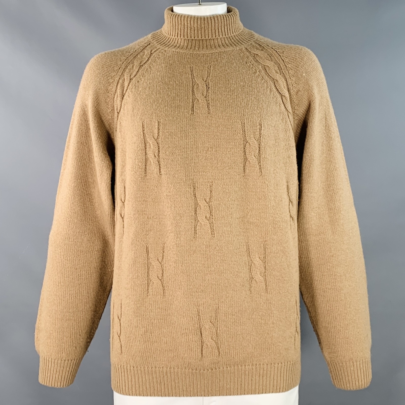 GUCCI Vintage 1980s Talla 46 Marrón de Ochos Camel Cabello Cuello Vuelto Jersey