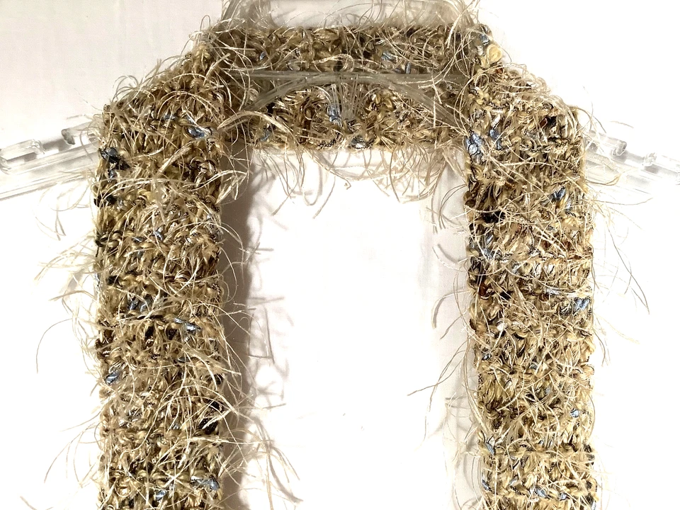 BUFANDA DELGADA PESTAÑAS Larga 70” Hecha a Mano Crema, Marrón y Azul Sedoso Y2K De Colección BOHO Foto 4 de 4