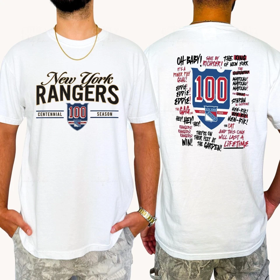 New York Rangers 100th Anniversary 1926-2026 NHL TShirt - Full Color, Full Size - Image 2 of 4