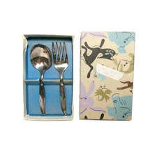 NIB- 1960  s MCM Silverplated Baby Toddler Spoon  Fork Set in Box, NOS - - G3 