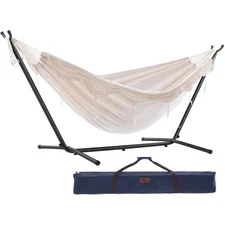Vivere Double Cotton Hammock with Steel Stand Upgraded Polyester End Strings 450