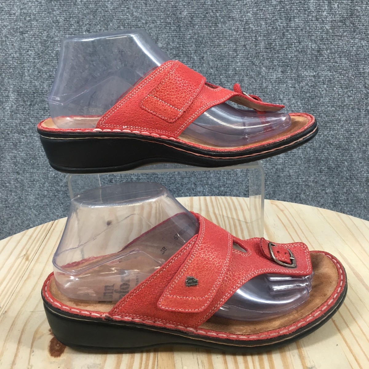 Finn Comfort Sandals Womens 38 Thong Red Pink Leather Wedge