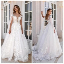 Elegant Lace Tulle Wedding Dress V Neck Appliques Short Sleeve Bridal Gowns Boho
