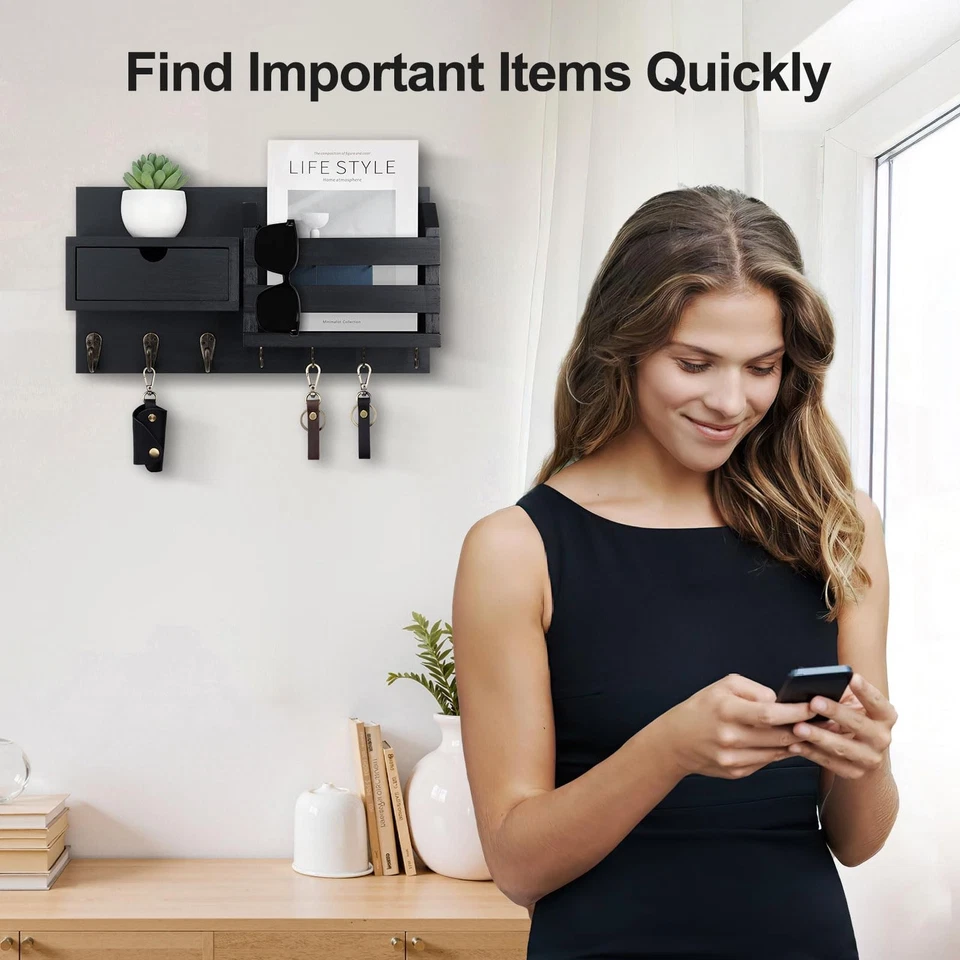 Wall Mount Key Holder with Mail Organizer, 100% Paulownia Wood, 7 Metal Hooks... - Image 2 of 4