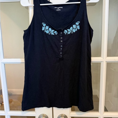 #ad Eddie Bauer Black Tank Top with Blue Floral Embroidered Detail $14.00