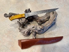 Custom Made 9" Damascus Steel Fillet Fishing Knife & sheath, died bone stocks