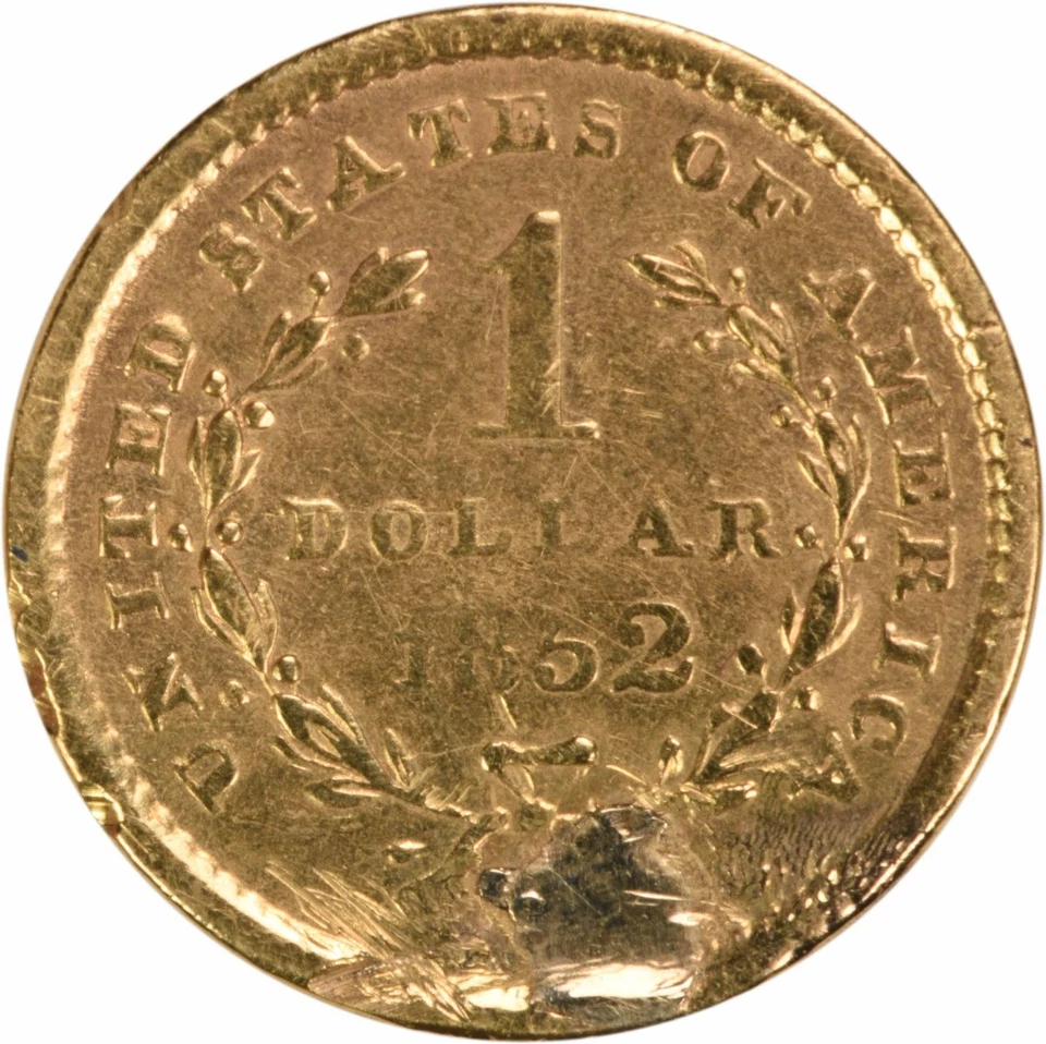 Oro 1852 $1 tipo 1 en estado bastante bueno (enchufado) sin certificación #1055 Foto 2 de 2