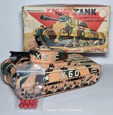 Vintage Linemar Tin Litho Wind Up Toy Firing Tank X60 with Bullets Made in Japan