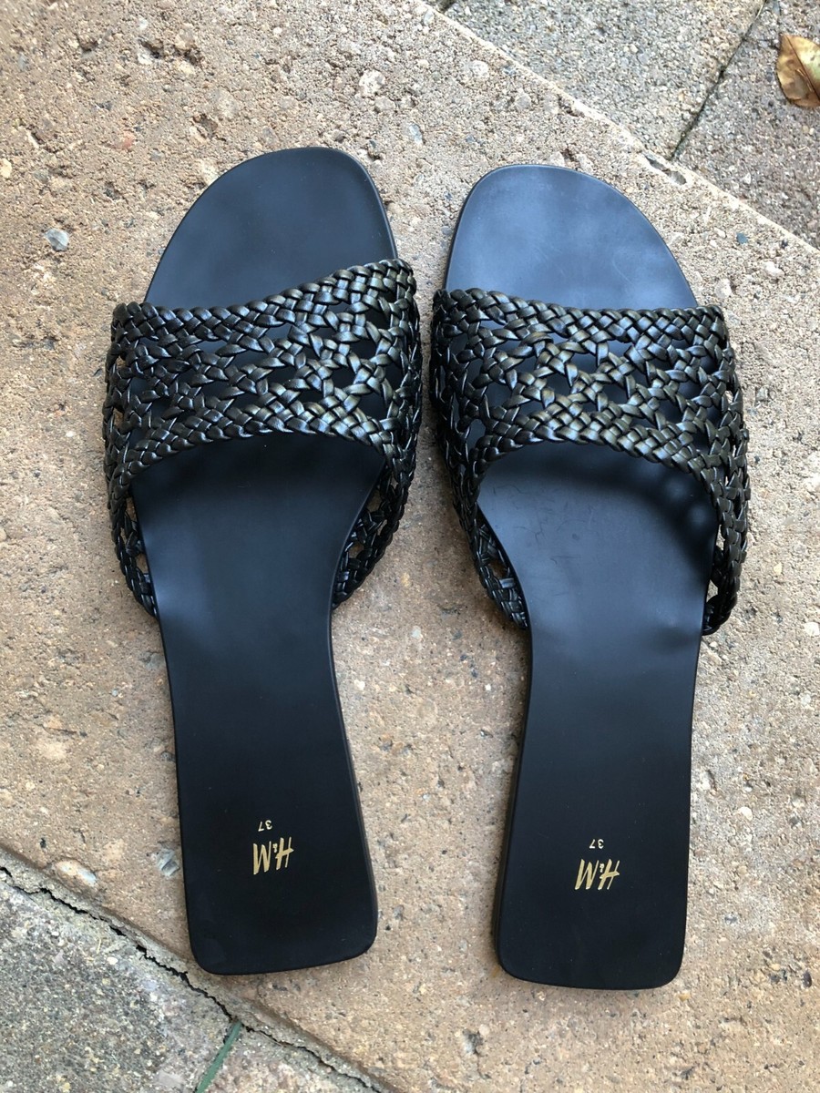H&M BLACK SLIDE FLAT SANDALS BRAIDED CROCHET LOOK US EUR 37