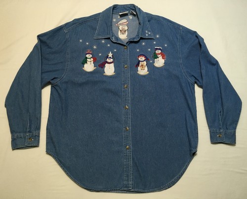 Carolina Blues Plus besticktes Damenhemd Schneemann Santa Denim L/S Größe 20