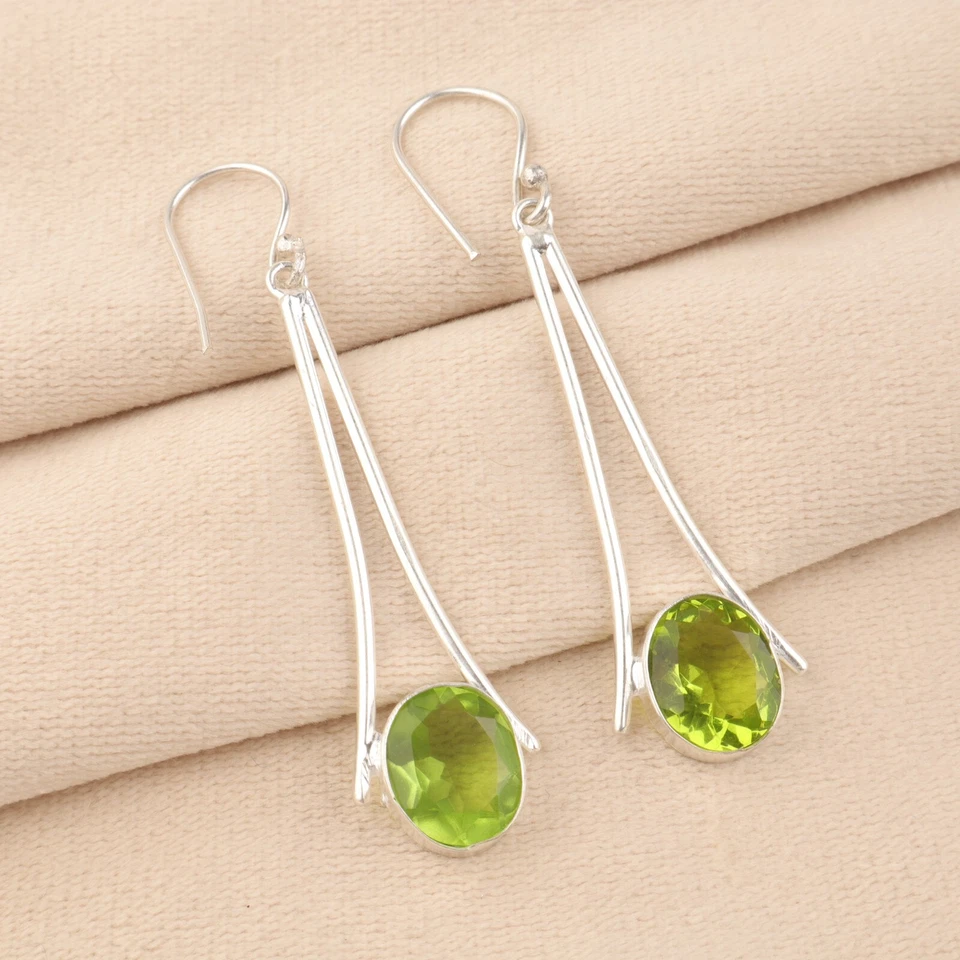 Natural Peridot Gemstone 925 Sterling Silver Handmade Drop/Dangle Earrings 2.63" - Image 4 of 4
