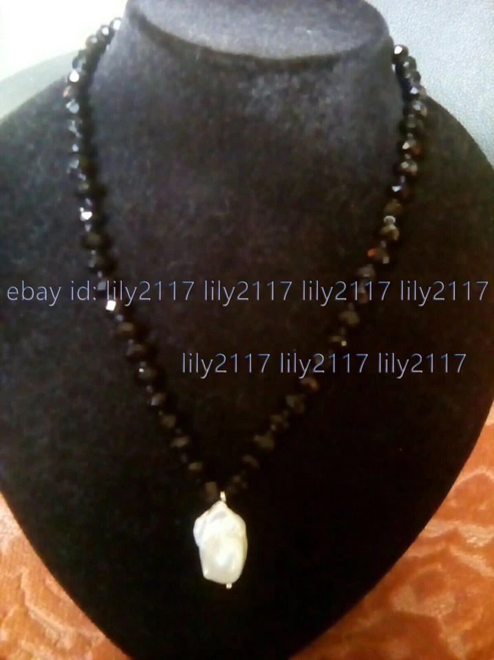 多面 4x6 毫米黑色玛瑙宝石 15x25 毫米白色巴洛克珍珠吊坠项链 18 英寸 — 第 2/3 张图片