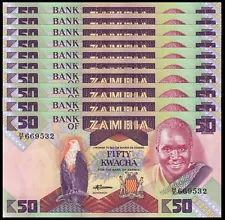 ZAMBIA 50 KWACHA 1980-88 P 28 UNC X 10 PCS LOT AFRICAN MONEY BANKNOTES