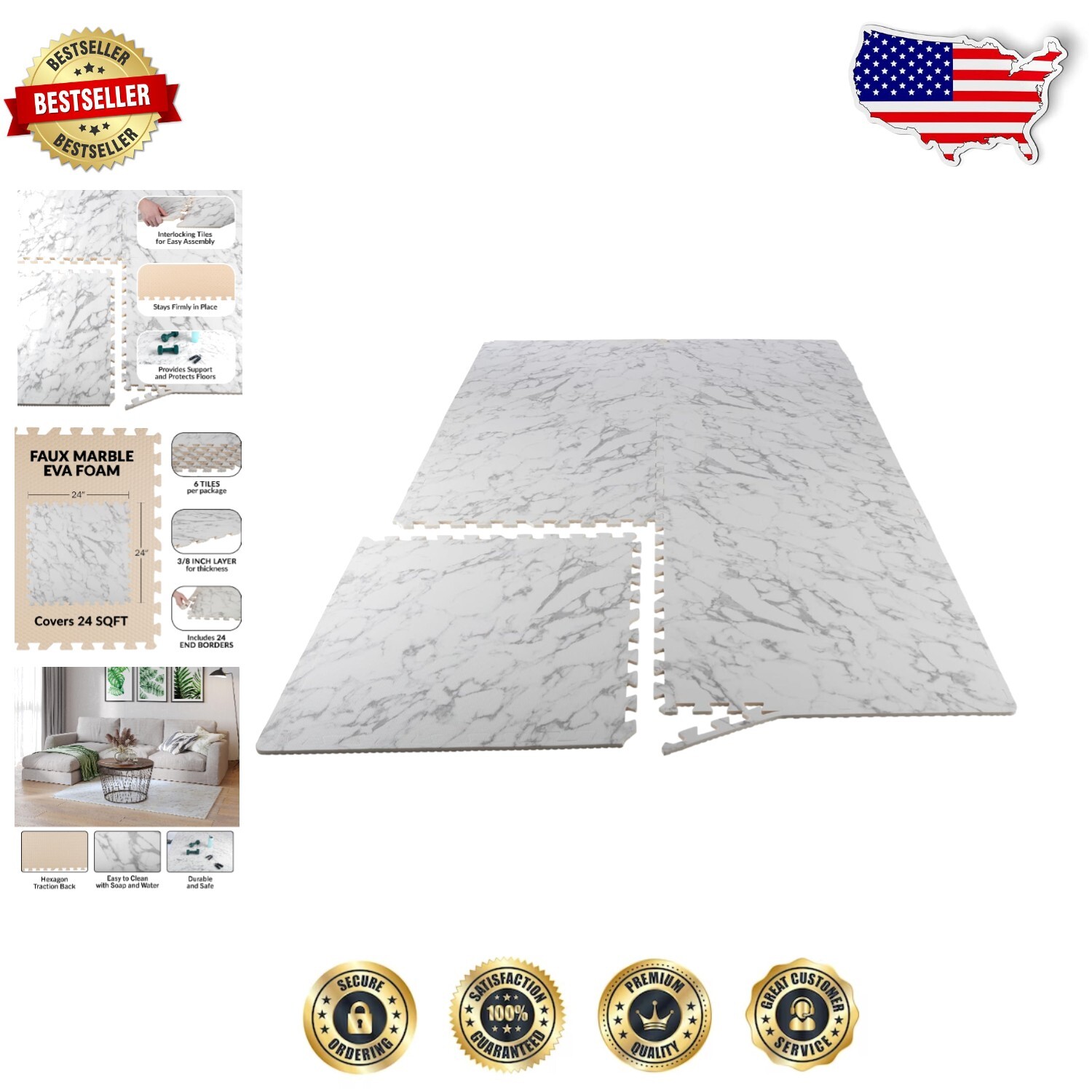 Lightweight Interlocking EVA Foam Tiles 6-Pack 24 SQFT Play Mat for Baby Gym Floor