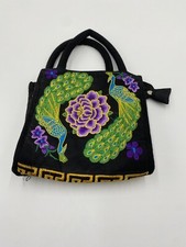 Mexican Oaxaca Tote Black Embroidered , with peacocks, blue and green 12"x7 1/2"