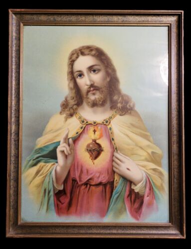 Antiker viktorianischer Jesus Christus Herz Litho Druck im Kunstmarmorrahmen