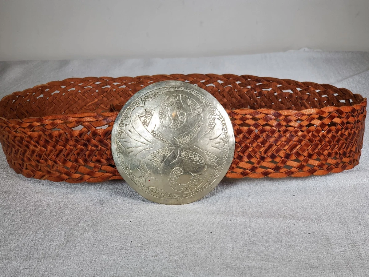 EUC Large Round Engraved Metal Buckle Brown Braided Leather Belt 40