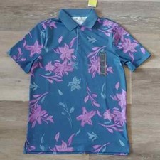 NWT All in Motion Men's Floral Textured Polo Shirt Blue Size S