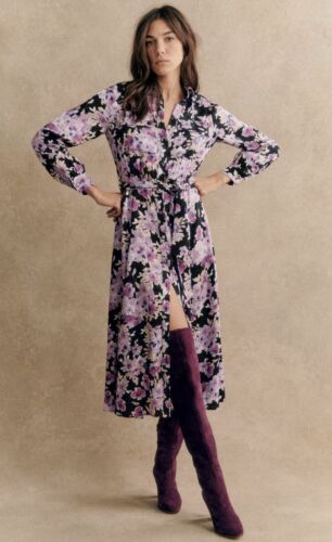 Sezane Robe Lauretta dress NEW 2024 Season UK 14 Purple Floral Belted RRP £160 - Picture 2 of 16