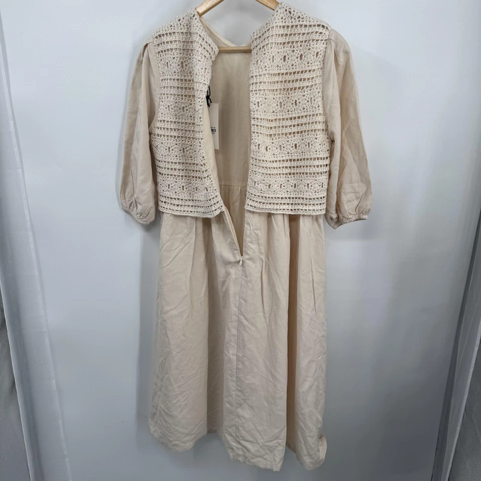 Vestido Minimal Niñas 16 Crema Crochet Superposición Manga Abullonada Forrado Modesta Iglesia Foto 3 de 4