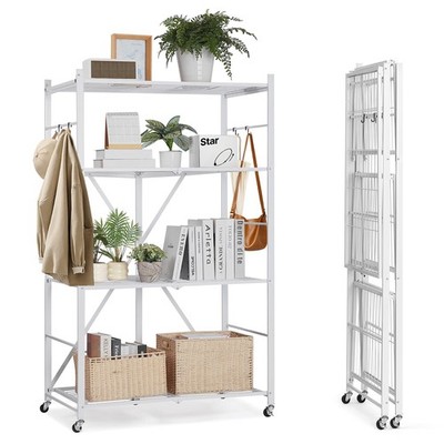 Uimoso 4-Tier Foldable Storage Rack with Wheels, No-Assembly Organizer, White