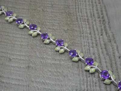 Atemberaubendes Sterlingsilber Amethyst & Emaille Jugendstil Stil Blume 7'' Armband