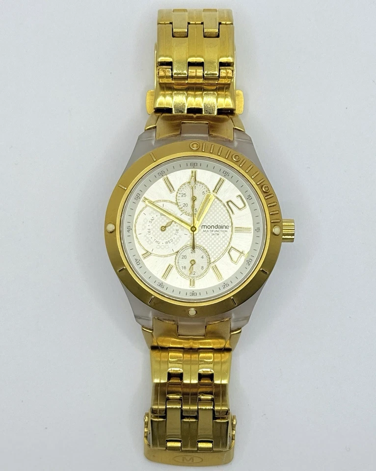 Reloj Mondaine Cuarzo Suizo Multifunción Oro Plata 3ATM Ronda 5 Joyas 40mm  Foto 3 de 4