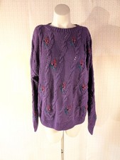 Vintage Cottage Core Chunky Knit Sweater L Purple  Pink Flower Embroidery Cable