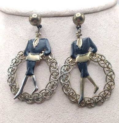 Vintage Fancy Lady Walking Fashion Figure Stud Dangle Hoop Earrings Black Brass